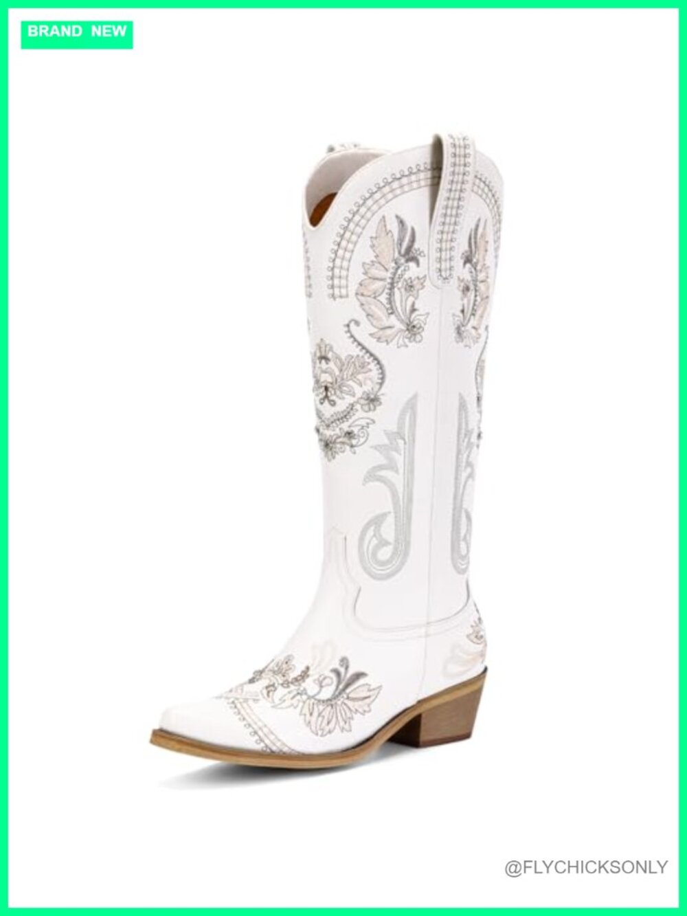 Knee High Western Cowgirl Boots Rhinestone Embroidered Pointed Toe Chunky Heel